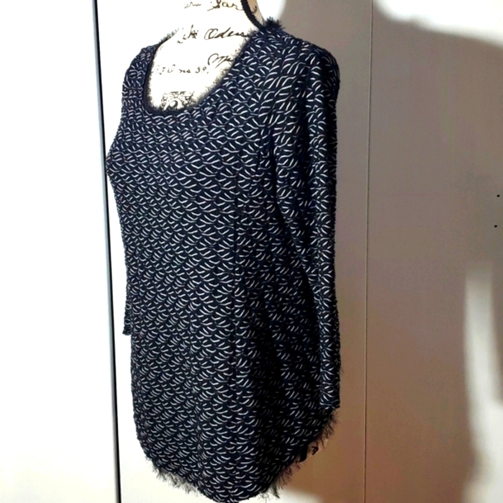 Vintage | Black/White Knit Textured Blouse Faux Fur Accents Mod Edgy Artsy Sz.L